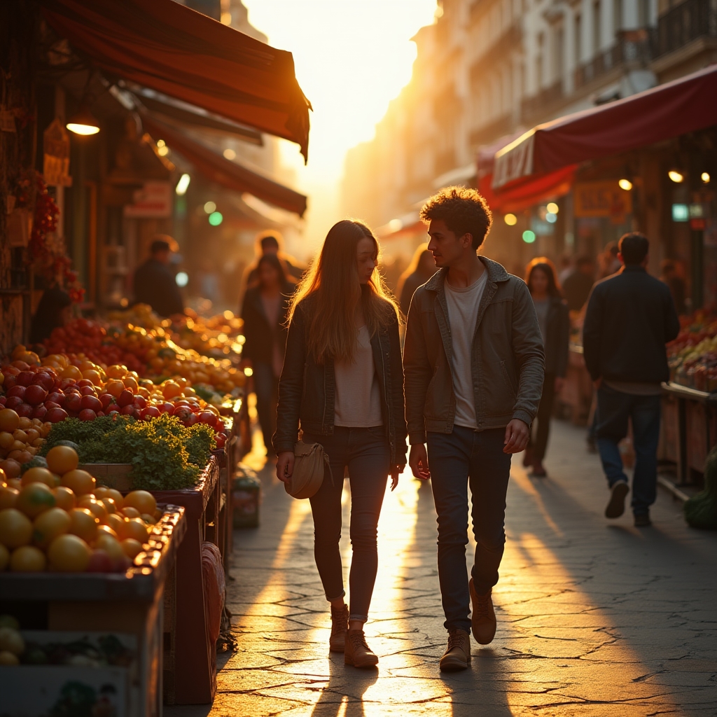 Argentine urban street scene showing local commerce and economic activity with warm golden light