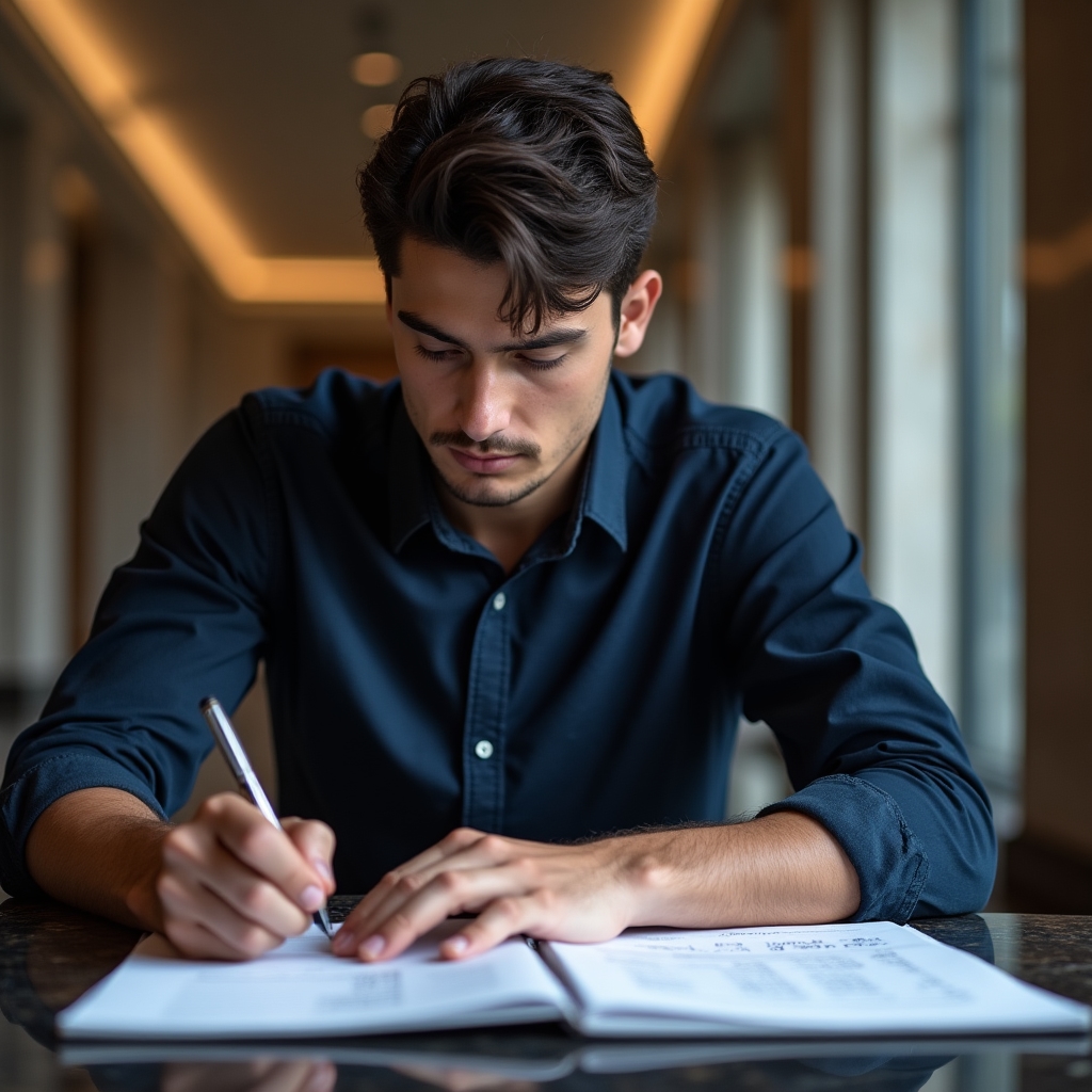 Young professional analyzing interest rate concepts with notebook and focused expression
