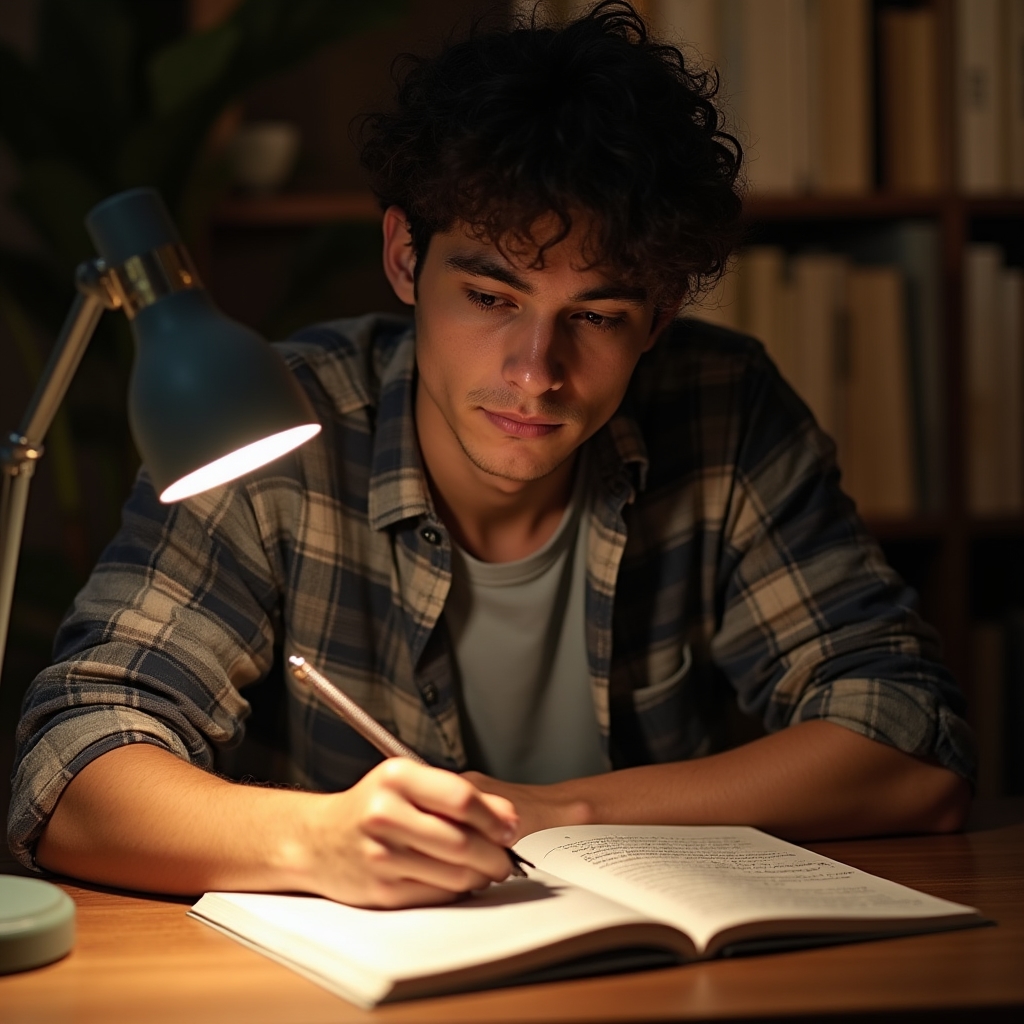 Young Argentine adult studying financial concepts at a desk with warm focused lighting